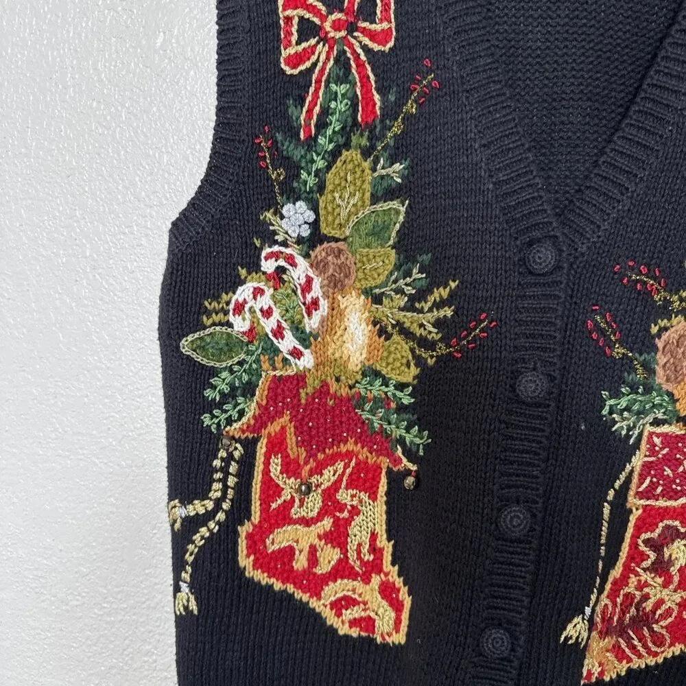 Tiara Christmas Knit Sweater Vest Stockings Black Size 14 16 Holiday Candy Canes
